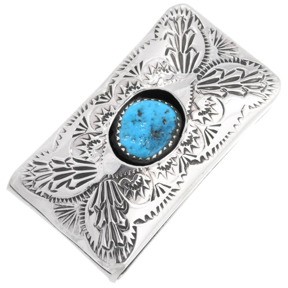Turquoise Money Clip closure -Inricate Navajo stamped